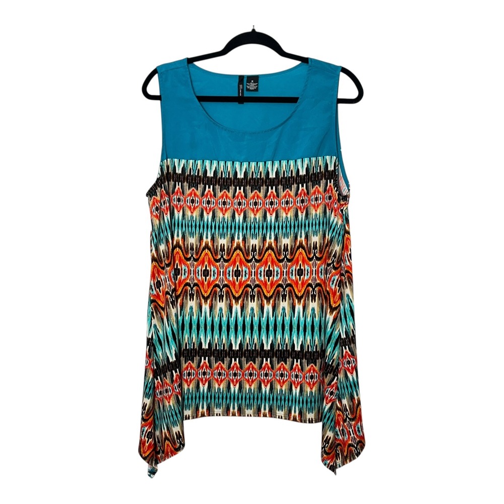 New Directions Woman Teal Orange‎ Ikat Sharkbite Hem Tank Top Plus Size 1X USA
